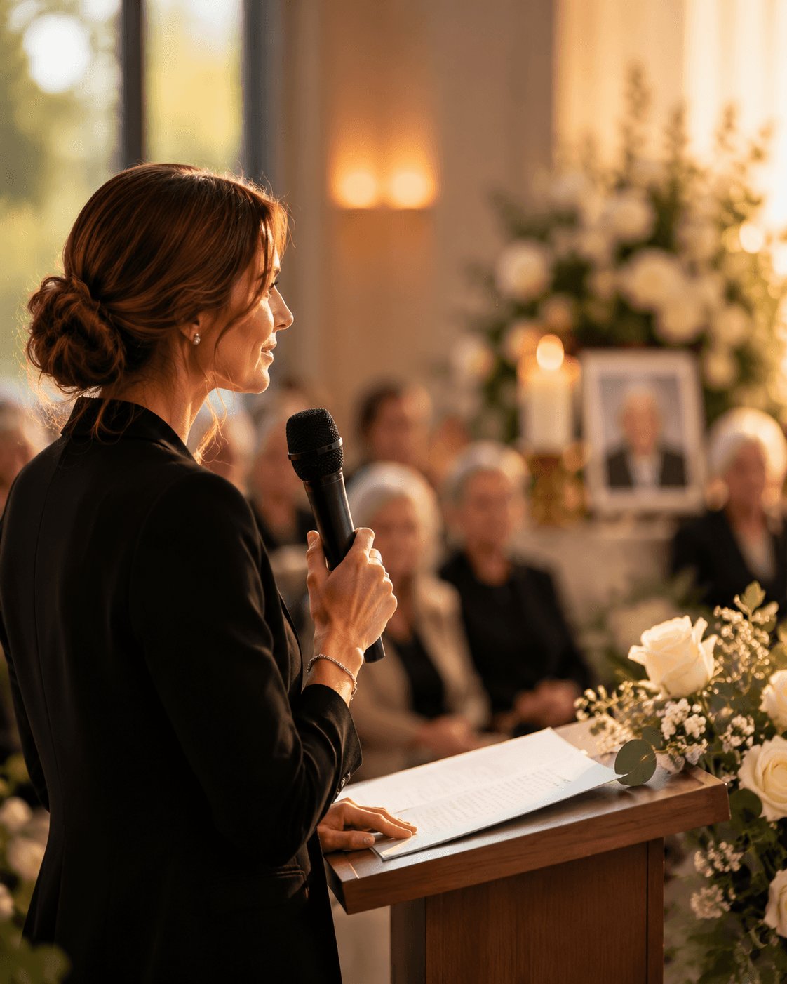 Una persona lee un discurso de despedida en un atril, con flores blancas y el retrato de un ser querido